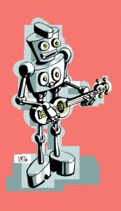 This robot plays bass.
